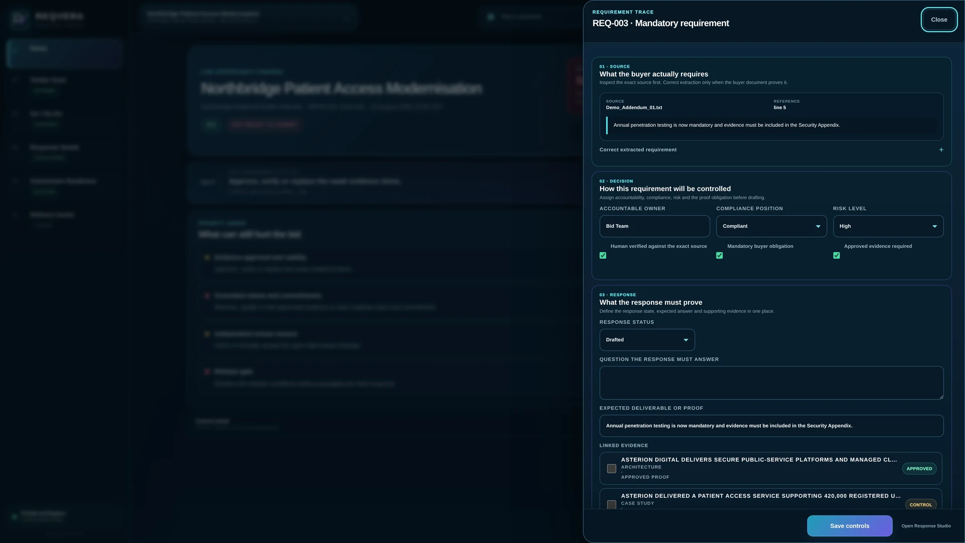 REQVERA Requirement Trace showing the buyer source and controlled requirement